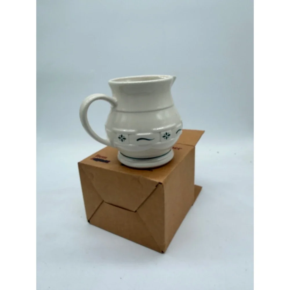 Longaberger Pottery Heritage Green Small Juice Pitcher Cream Ceramic Stoneware